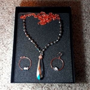 Copper and silver beaded necklace with matching hoop earrings